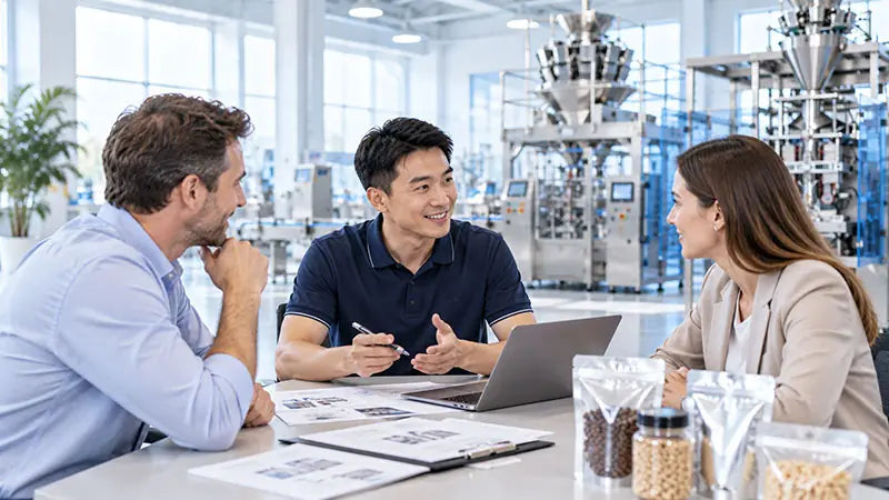 Bingopack team discussing a packaging project with customers